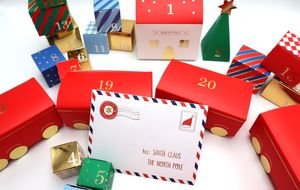Colorful advent calendar with letter to Santa and festive decorations for Christmas.